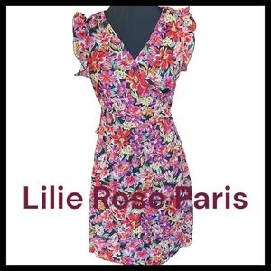 Lilie Rose Paris Black/Multi Floral Ruffle Cap Sleeve Wrap Dress (M)